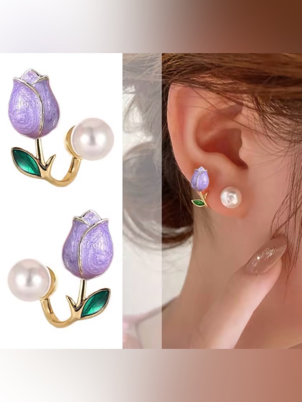 Elegant Purple‎ Tulip Pearl Stud Earrings - Women Jewelry